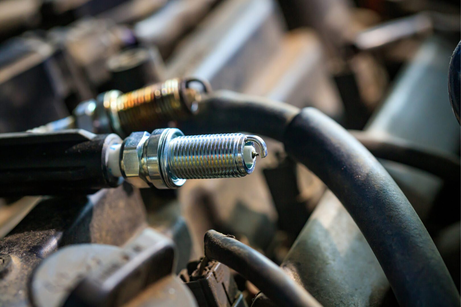 Close-up of engine spark plugs