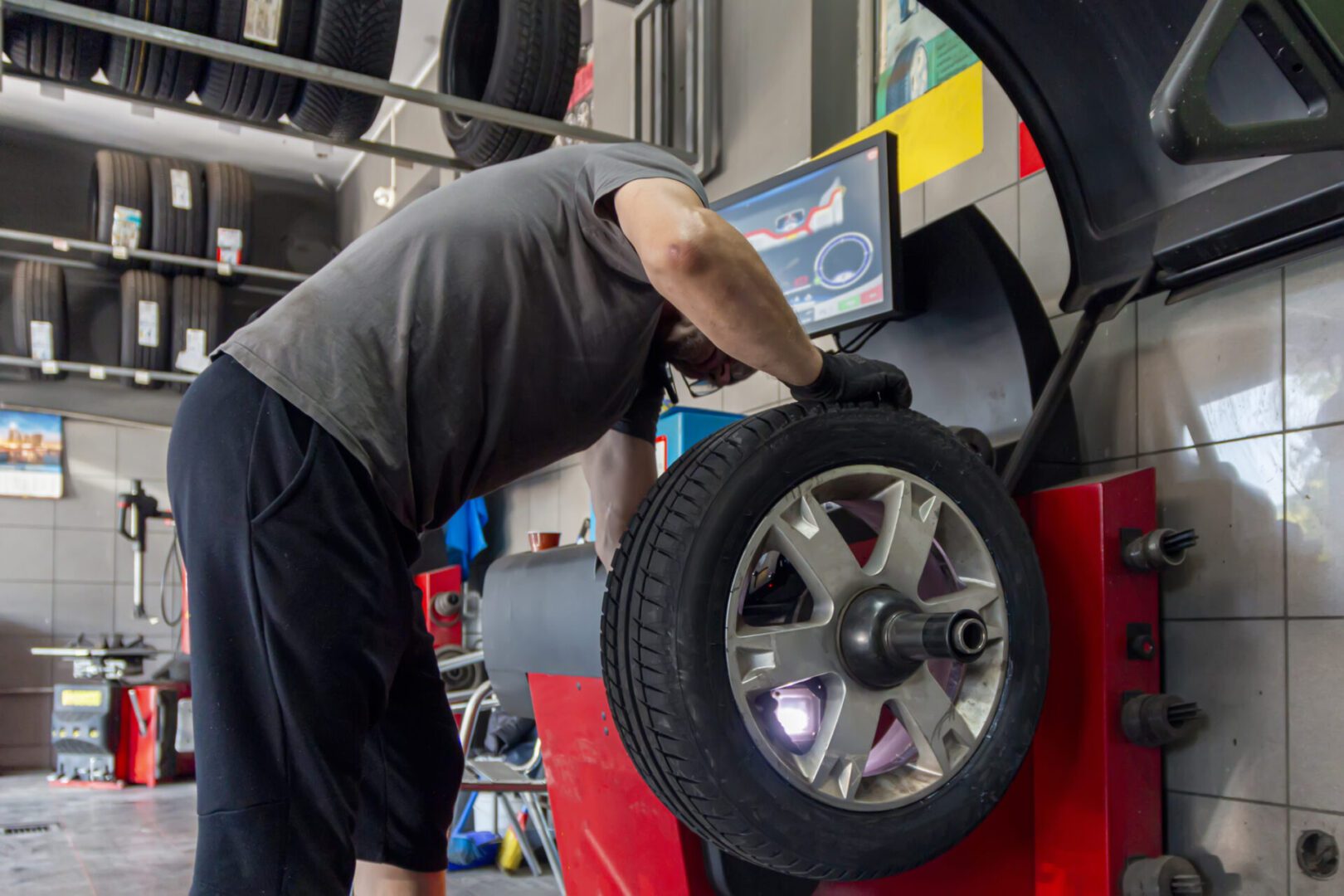 Tire alignment in auto workshop