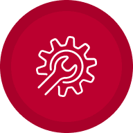 Wrench and gear icon in red circle.