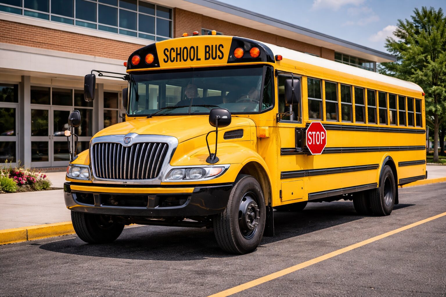 ChaptGPT School Bus showing tires at school parking lot